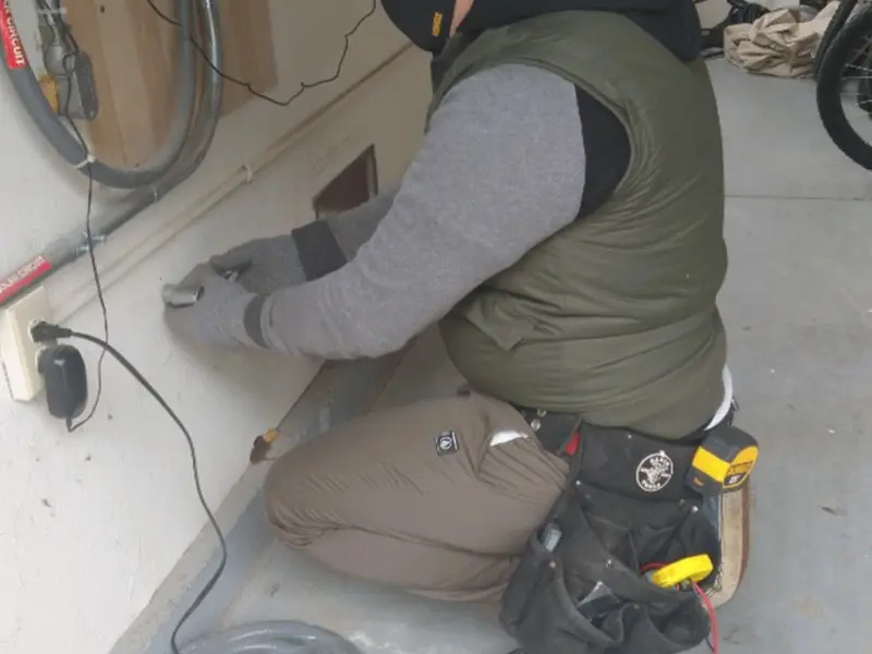 Electrician performing outlet wiring in a Heartland garage